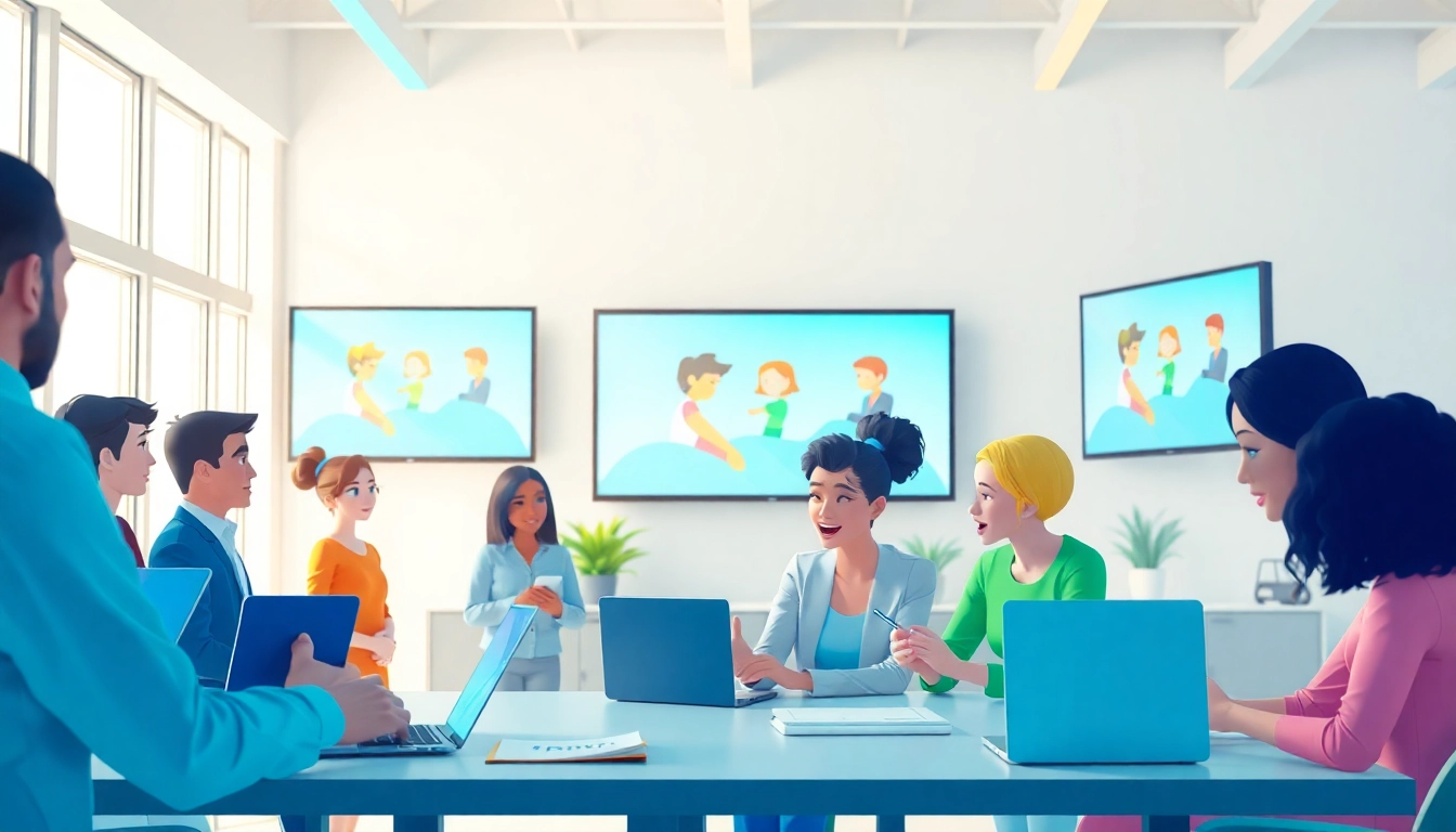 Animation Erstellen: Kreative Zusammenarbeit in einem modernen Büro mit bunten Animationselementen.
