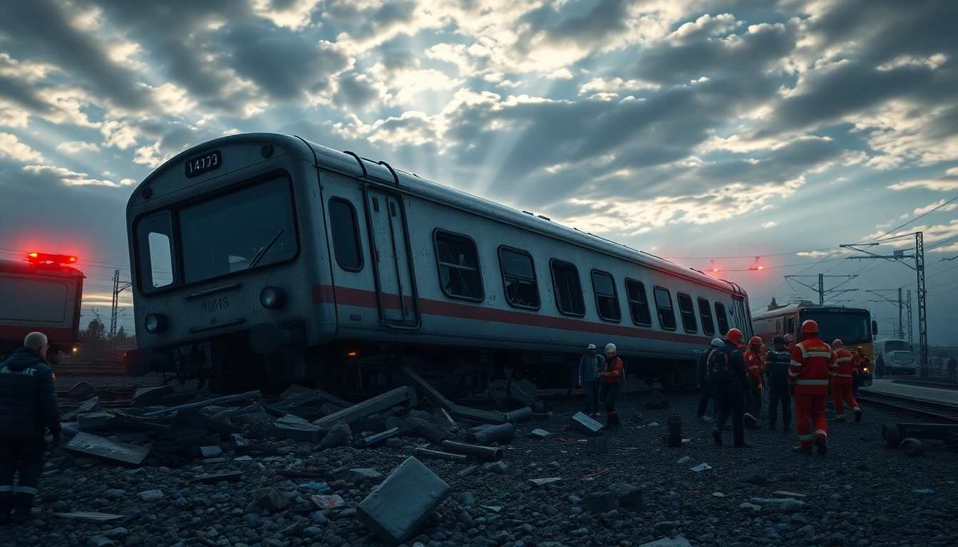 A dramatic scene of a spain train crash with emergency responders aiding victims in a chaotic backdrop.