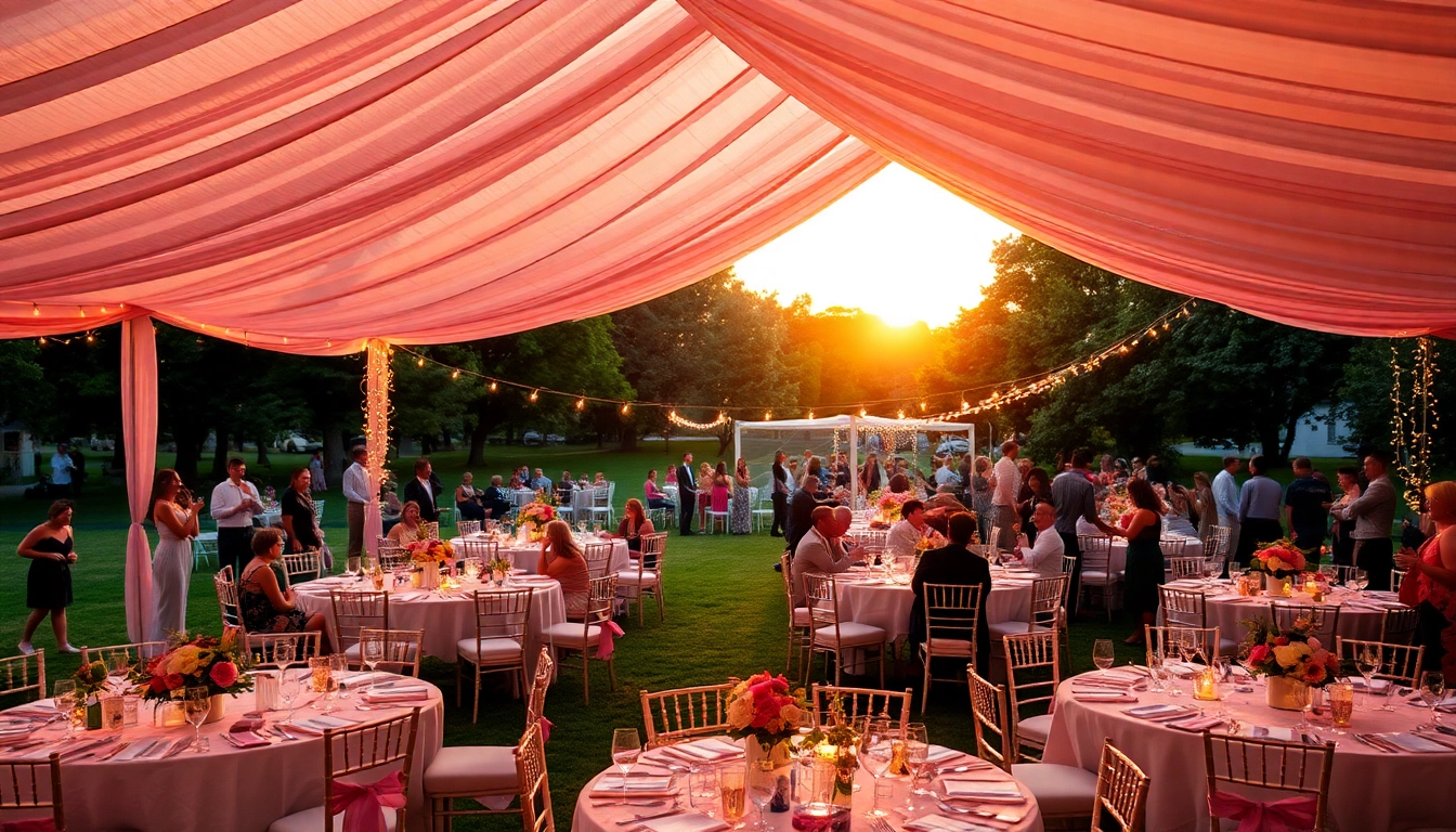 Enjoying Tent Rentals at a beautiful outdoor wedding setup with guests and vibrant decorations.