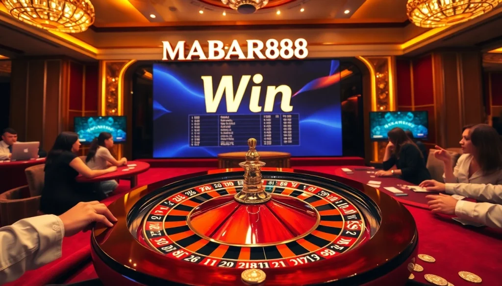 MABAR88 Menang dipamerkan di kasino mewah dengan roleta, chip-chip, dan para pemain yang bertaruh.