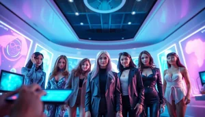 AI girlfriend chat scene with diverse characters in a vibrant digital environment.