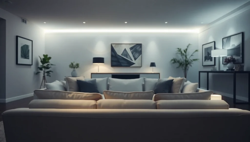 Sleek Illumination highlighting a modern living room with contemporary furniture and ambient lighting.