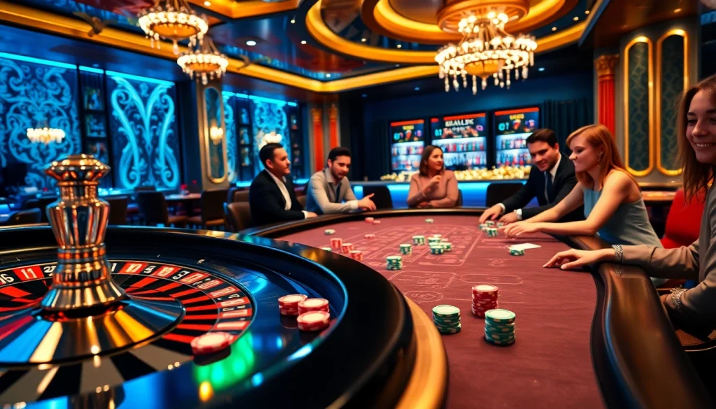 Joueurs engagés dans un casino en ligne France montrant de l'excitation à une table de blackjack avec une roulette à proximité.