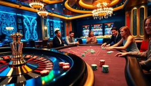 Joueurs engagés dans un casino en ligne France montrant de l'excitation à une table de blackjack avec une roulette à proximité.
