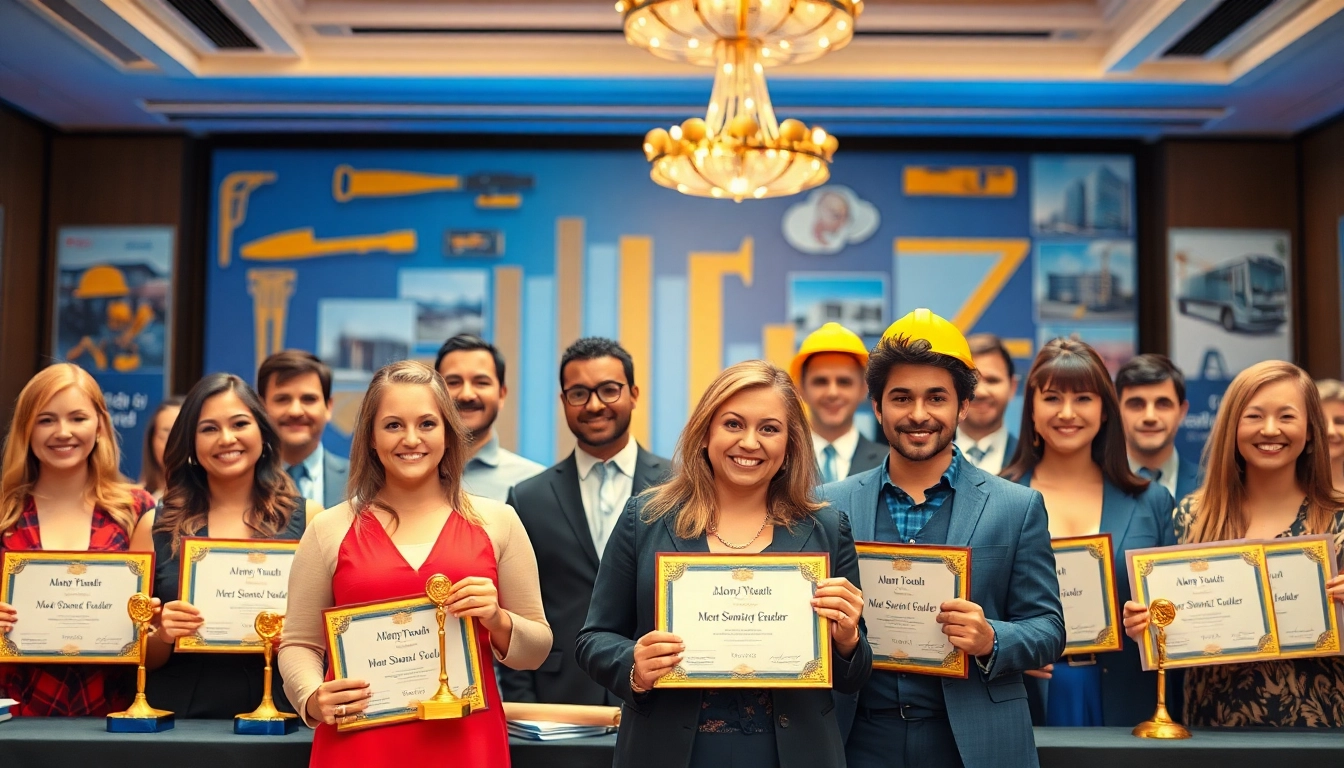 Award recipients celebrating their construction awards at a vibrant ceremony.