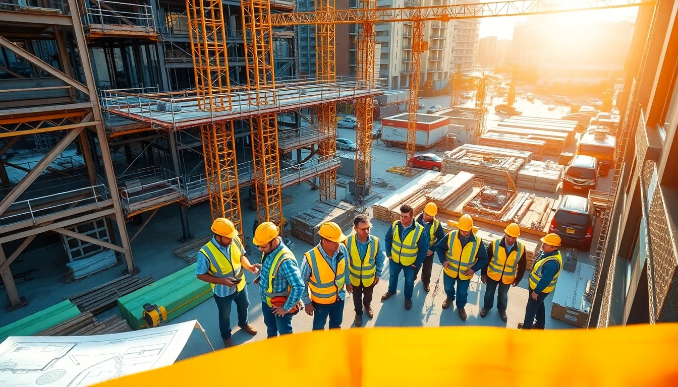 Workers engaging in construction workforce development at a vibrant urban site.