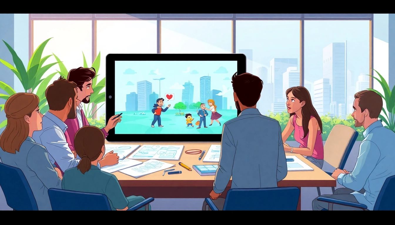Erkläranimation im kreativen Büro, mit Teamdiskussion und digitalen Grafiken.