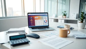 VAT Return Filing in UAE showcased in a professional office with a laptop and financial documents.