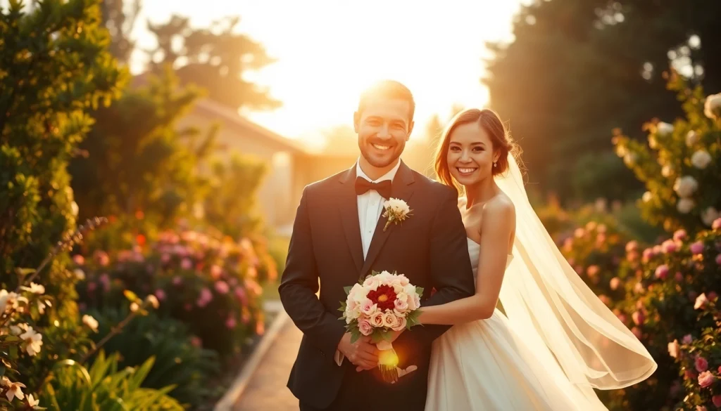 Carmel wedding photography of a joyful couple in a romantic garden during sunset.