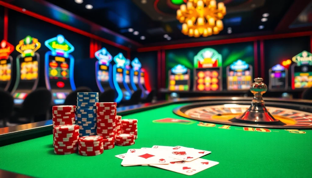 Découvrez l'excitation du casino en ligne France avec une table vibrante remplie de jetons de poker et de cartes élégantes.