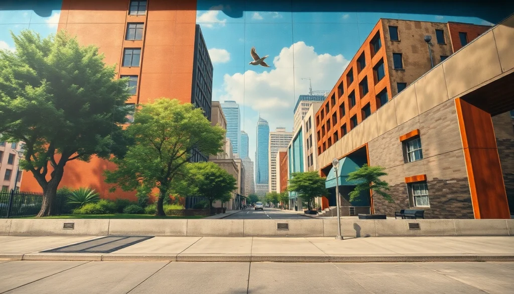 Mural przedstawiający tętniący życiem krajobraz miejski, łączący naturę z życiem w mieście, prezentujący innowacyjne elementy designu.