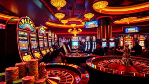 Engage with JAMUslot alternatif amidst a vibrant casino scene filled with thrilling slot machines and excited players.