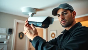 técnico de seguridad instalando una cámara de vigilancia avanzada para una protección confiable del hogar