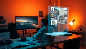 Image to prompt ai showcasing a modern workspace with AI-generated prompts on screens and a creative atmosphere.