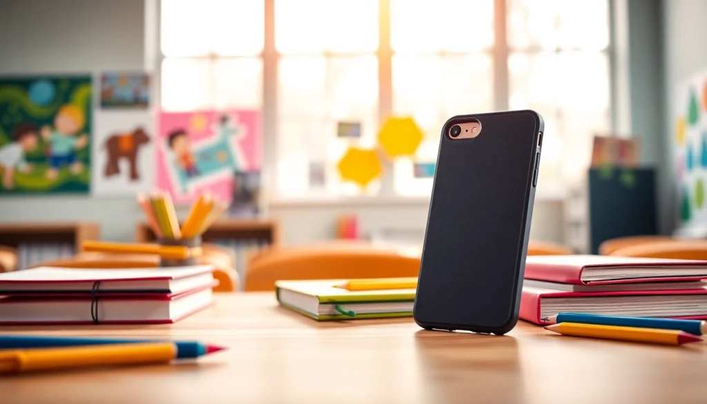 Hochwertige Handytasche Schule auf einem Schreibtisch im Klassenzimmer darstellen.