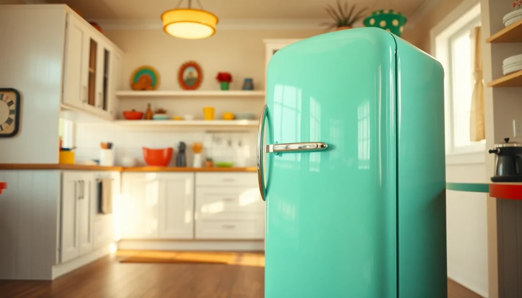 Showcase a retro appliance, a mint green vintage refrigerator, in a bright kitchen setting.