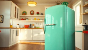 Showcase a retro appliance, a mint green vintage refrigerator, in a bright kitchen setting.