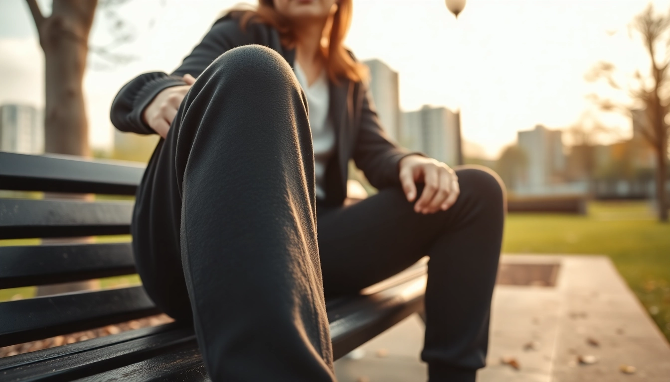 Men's model sporting black sweatpants demonstrates relaxed urban style in a casual park setting.