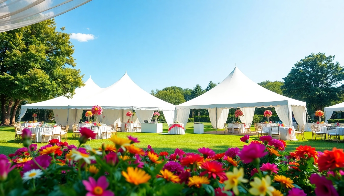 Tent Rentals beautifully arranged in an outdoor park setting with colorful decorations.