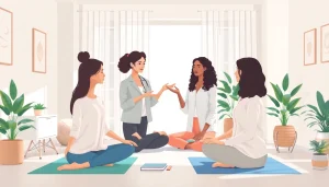Anxiety symptoms depicted in a supportive wellness coaching scene with diverse individuals engaging in mindfulness.
