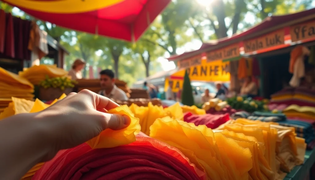 Wafeldoek in verschillende kleuren zorgvuldig tentoongesteld op een markt.