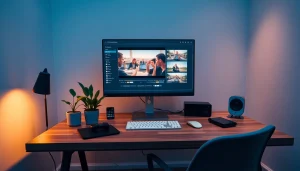 Transform video to prompt ai in a modern workspace with vibrant tech.