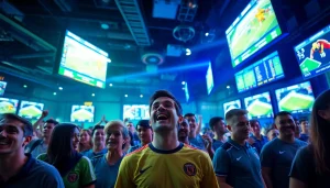 Exciting scene of fans engaged in sports betting at a lively venue showcasing 토토스토리.