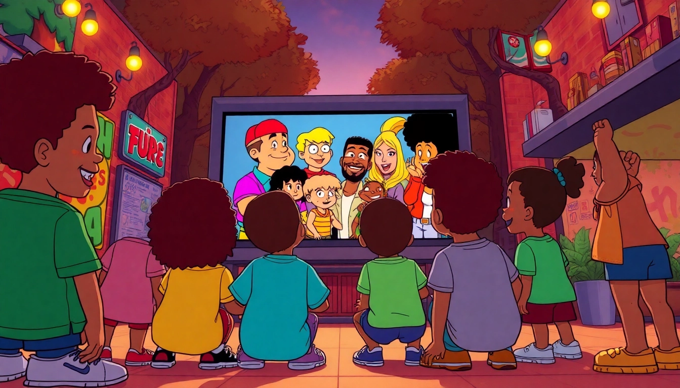 Vibrant scene of children enjoying African American Cartoons, showcasing iconic characters and urban culture.
