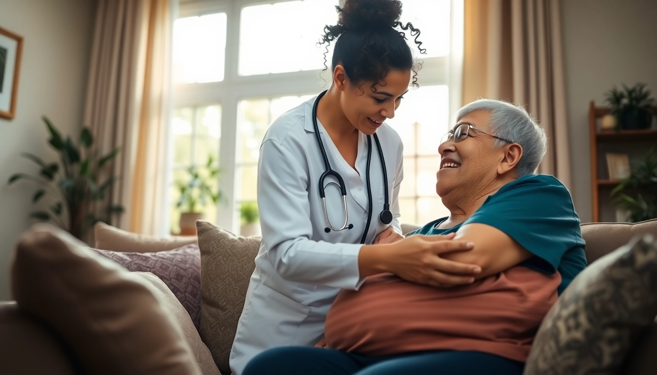 Providing comforting care at home for a senior with professional assistance and a warm atmosphere.