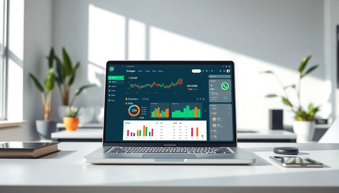 Visualize a WhatsApp Smart CRM dashboard on a laptop highlighting key analytics in a modern office.