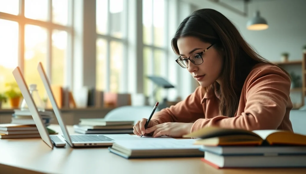 Engaged student preparing for online exams help in a bright, modern study environment.