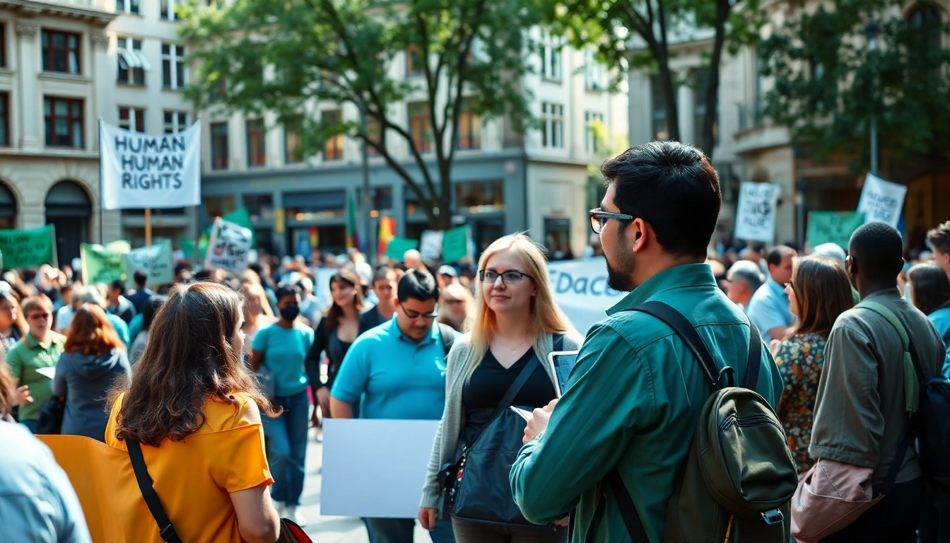 Illustrative scene of a diverse rally advocating for Human Rights, showcasing unity and activism.