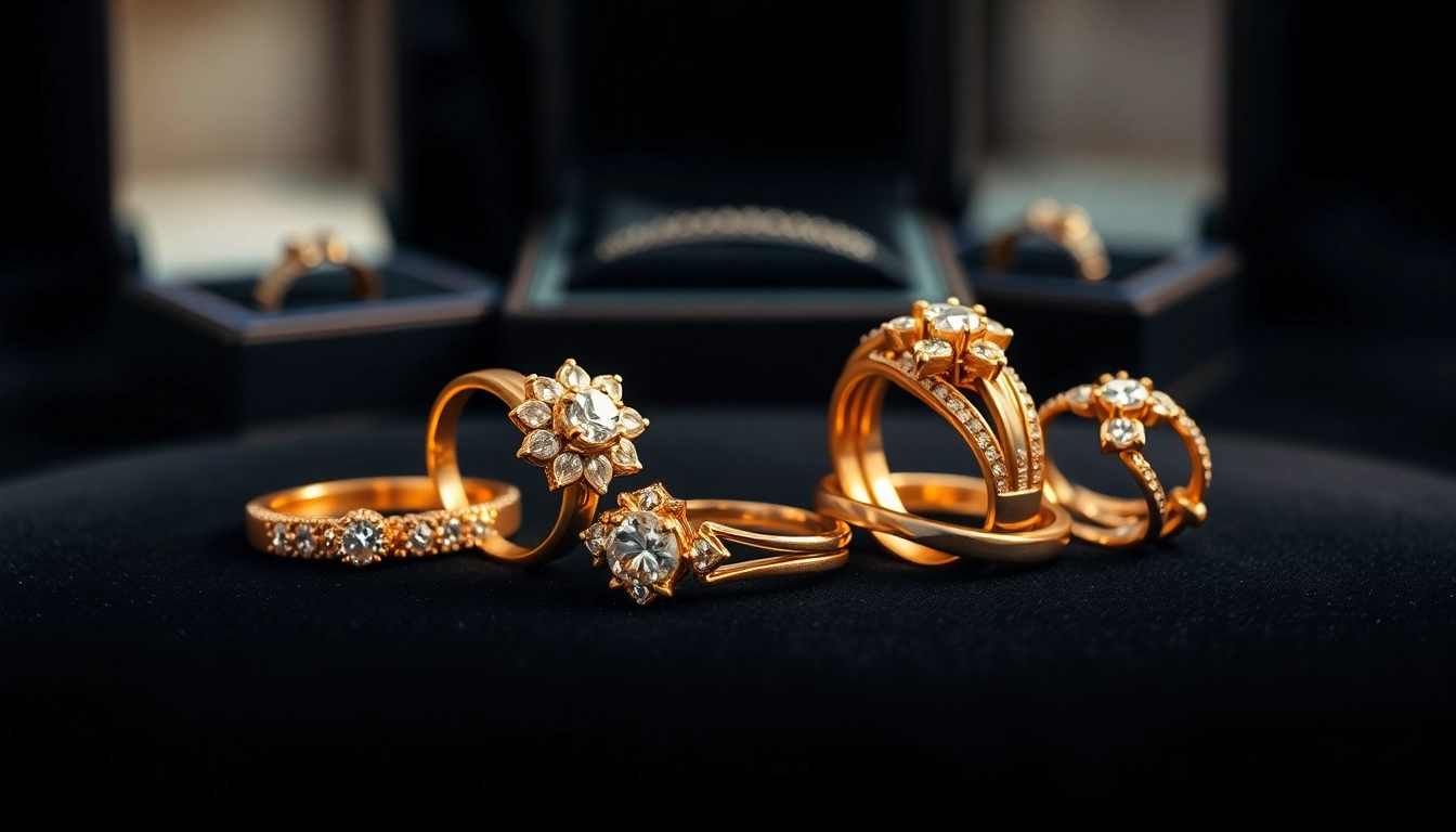 Showcasing exquisite luxury rings with intricate designs and sparkling gemstones on velvet.