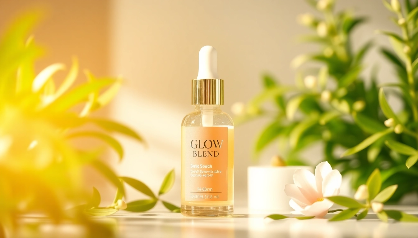 Enhance radiance with our Glow Blend serum showcased among botanical elements.