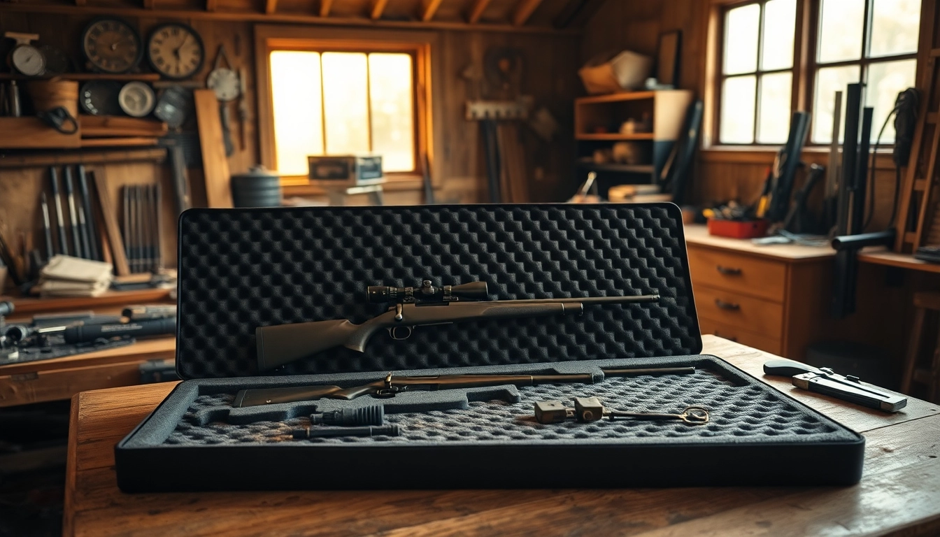 Custom foam for rifle case showcasing precise cutouts on a workbench.