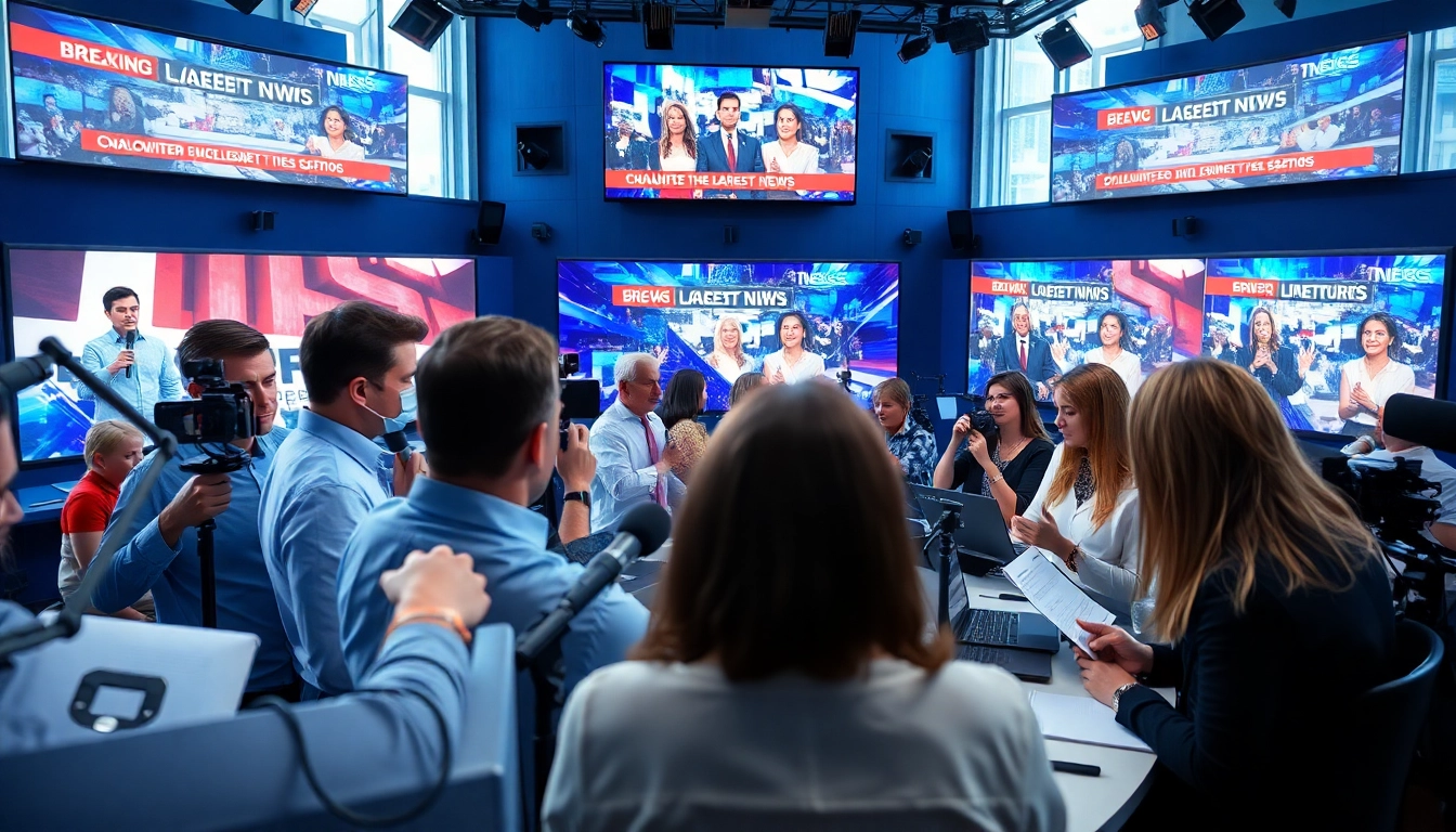 Engaging newsroom scene highlighting reporters covering breaking news.