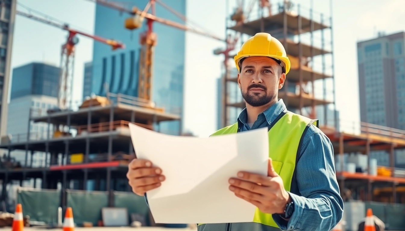 Manhattan Construction Manager analyzing blueprints at a vibrant construction site.
