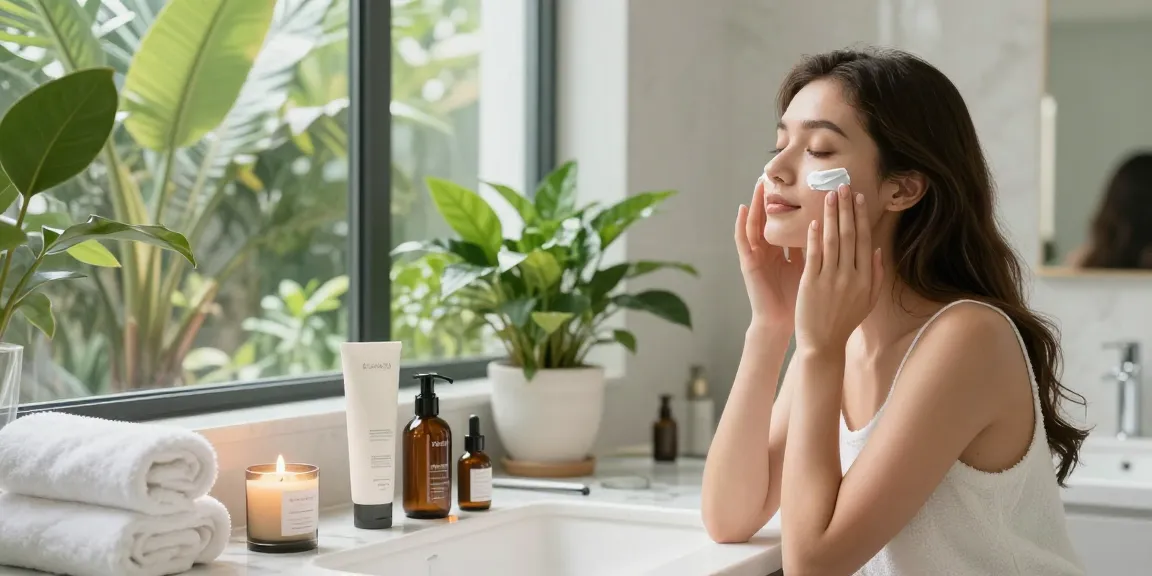 Aplicarea produselor de îngrijire a pielii într-un mediu de baie serena, cu produse luxoase și lumină naturală.