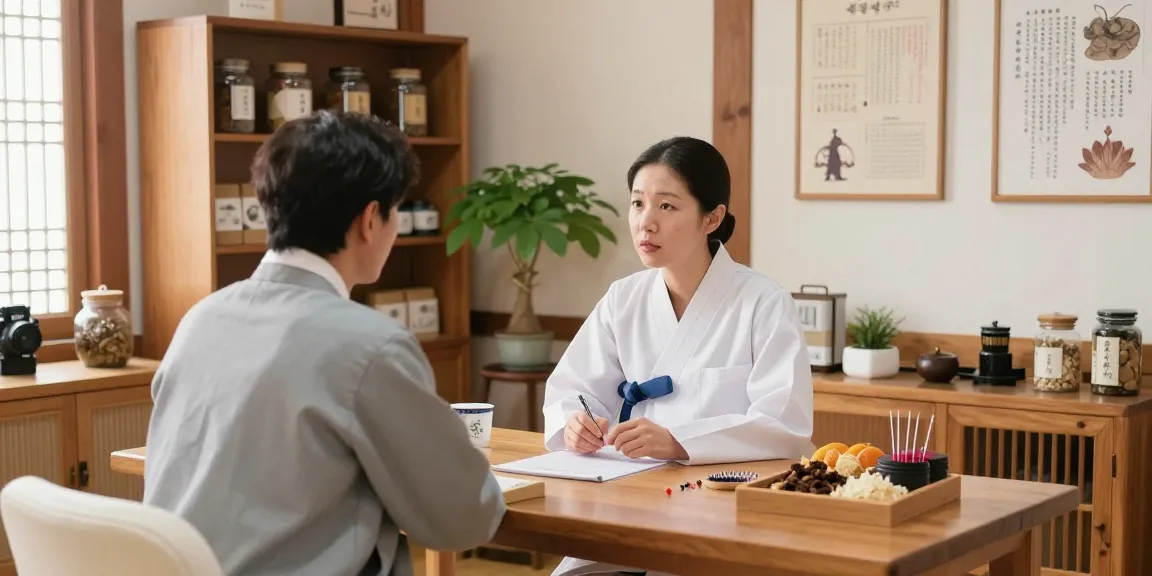 Engaging consultation scene at 영통한의원 with a practitioner and patient in a tranquil, healing environment.