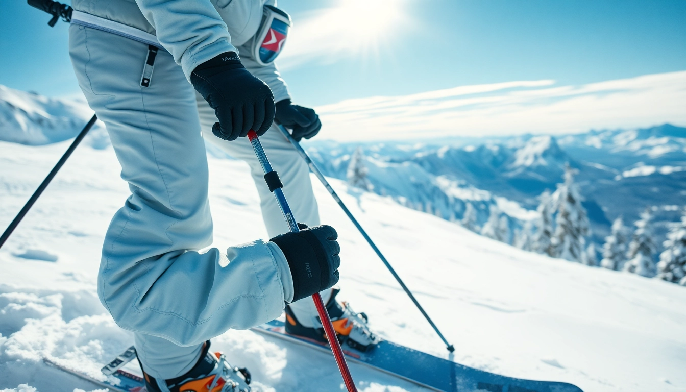 Adjusting Look Bindings on skis by a professional skier in snowy mountains.