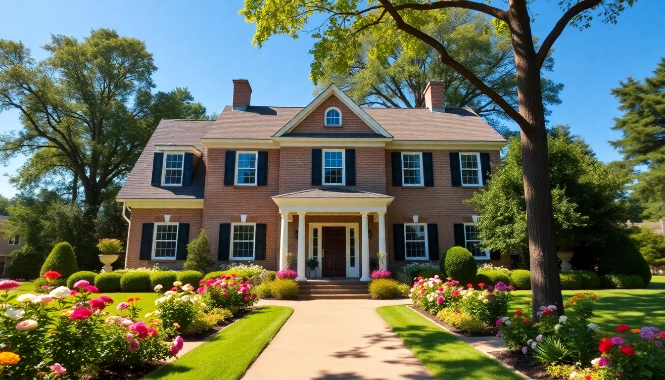 Illustration of a colonial home build with a beautiful garden, showcasing classic architecture.