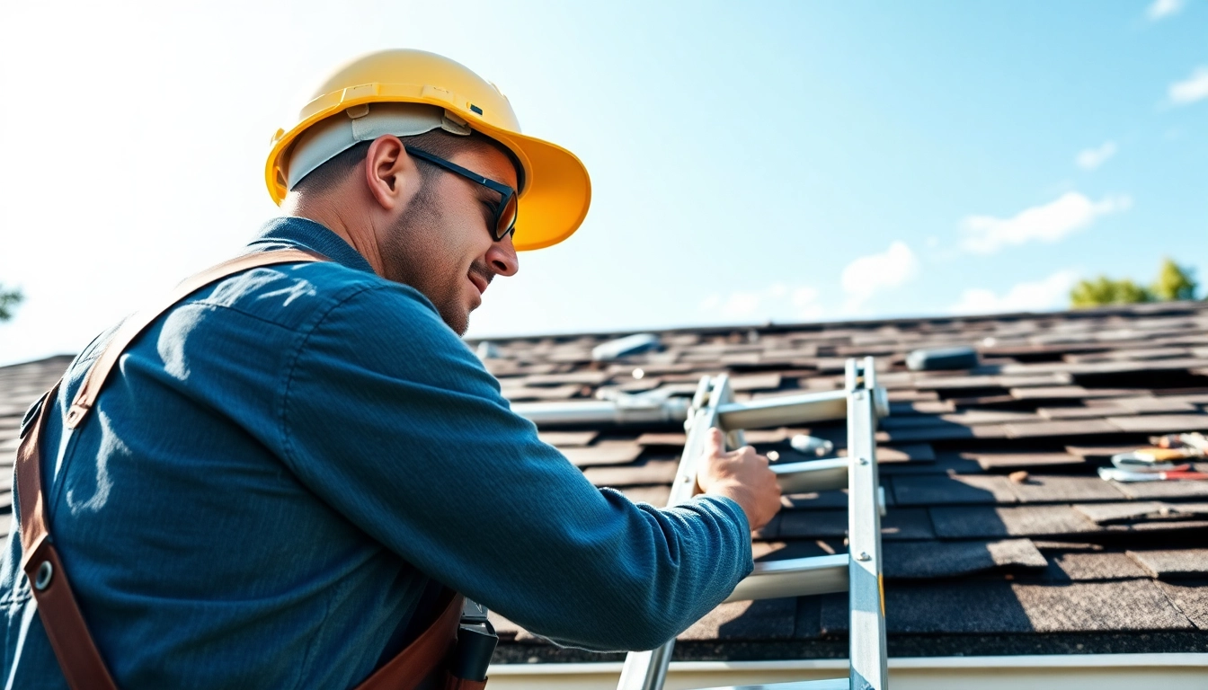 Roof repair inspection by a professional contractor analyzing roof damage with tools.
