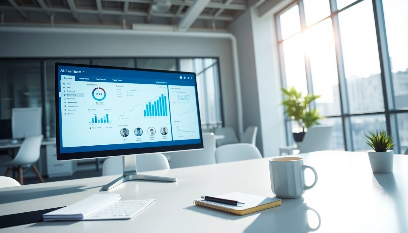 Utilizing an assistant for enterprise in a modern office setting with data analytics interface.
