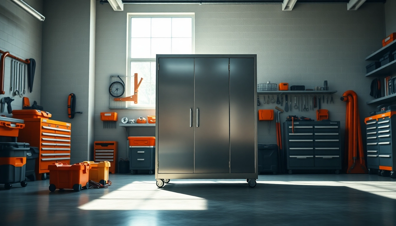 Discover a modern steel cabinet showcasing organizational features in a stylish garage.