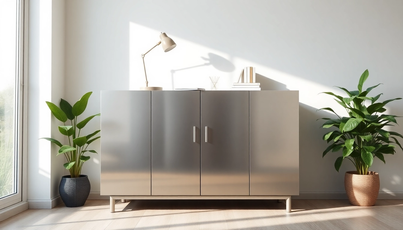 Organizing with a modern steel cabinet in a bright home office setting.