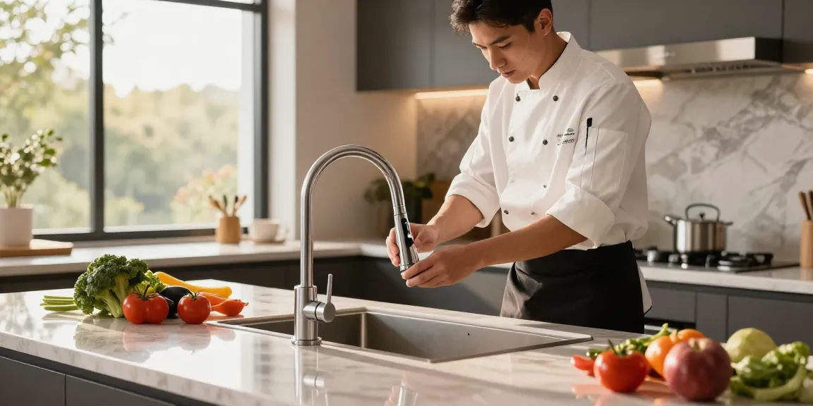 Installing stylish kitchen faucets in a modern kitchen setup with fresh vegetables.